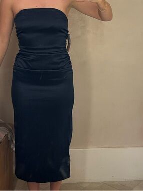 bhldn selena strapless stretch satin midi dress BHLDN Selena Strapless Stretch Satin Midi Dress